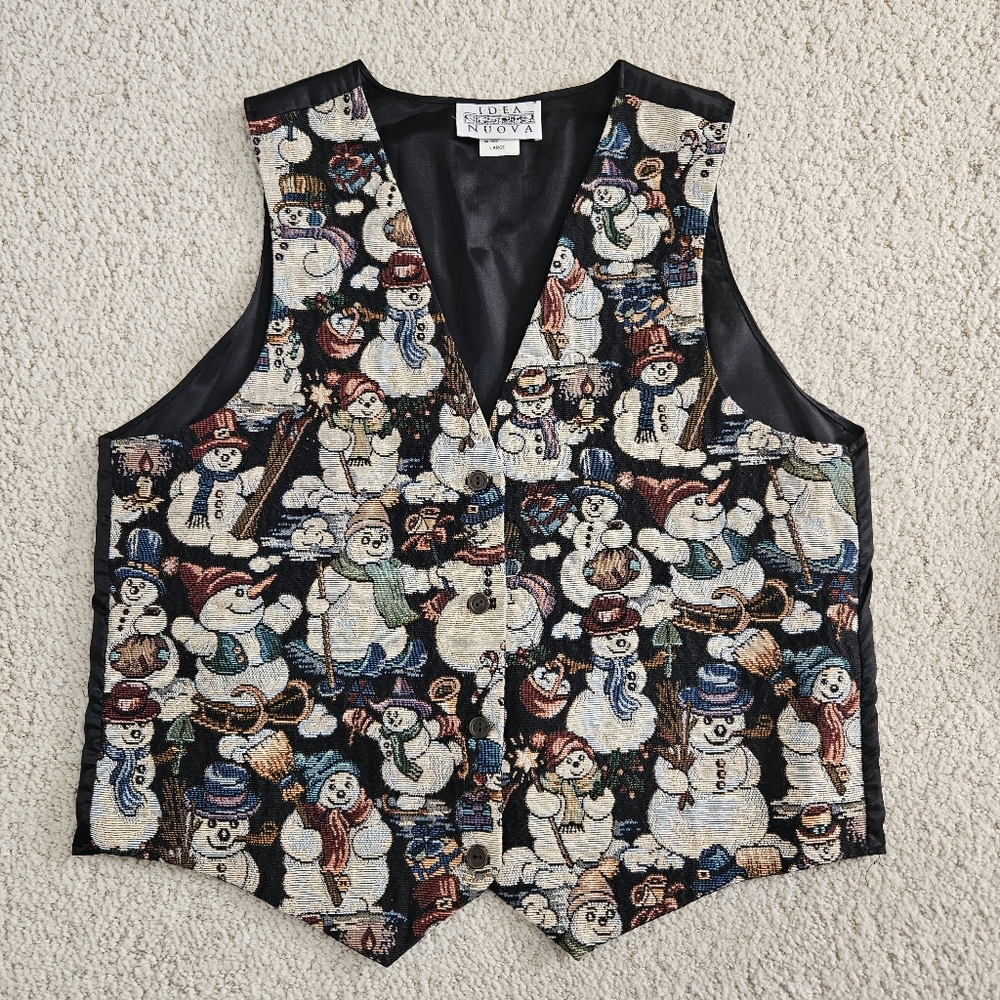 Vintage Christmas Vest Holiday Tapestry Snowman Womens L USA V Neck Button Up